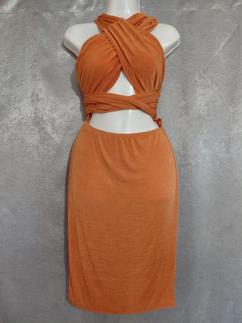 SHEIN Sz -M  Orange Multi Way Haelter Midi Stretch Dress.